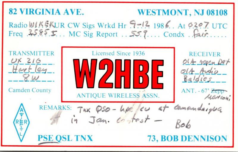 New Jersey Westmont QSL Card W2HBE Bob Dennison 1986