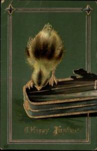 Easter Chick Eating Box Gilt Enhanced c1910 Postcard