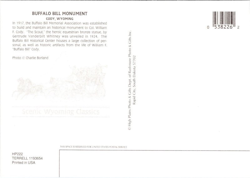 Buffalo Bill Monument Cody Wyoming POSTCARD