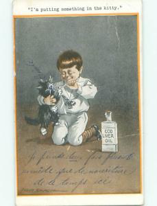 Pre-Linen signed BOY FEEDS CAUGHT LIVER OIL TO KITTEN AC1738