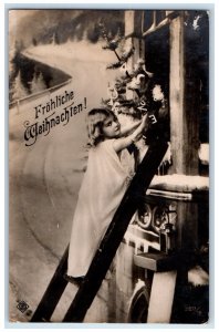 c1910's Christmas Tree Girl Climbing Ladder Cincinnati Ohio OH Antique Postcard 