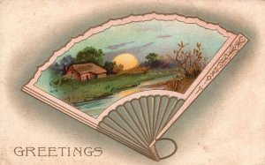 Vintage Postcard 1911 Greetings Card Victorian Hand Fan & House near Lake Sunset