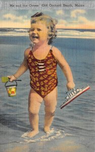 Old Orchard Beach, ME Maine  ME & THE OCEAN  Laughing Little Girl~Pail  Postcard