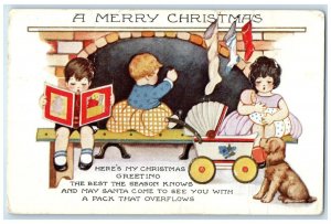 1928 Christmas Greetings Children Playing Stockings Minneapolis MN Postcard