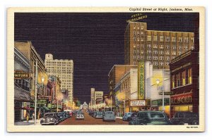 Postcard Capitol Street At Night Jackson Miss. Mississippi Antique Automobiles