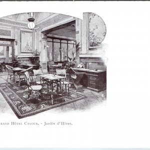 c1910s Florence Italy Grand Hotel Cavour Jardin d'Hiver Postcard Interior Decor