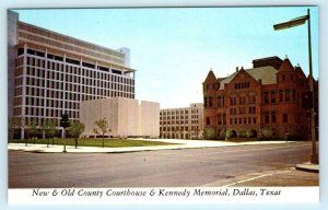 DALLAS, Texas TX ~ New & Old COUNTY COURTHOUSE & Kennedy Memorial   Postcard