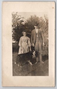 RPPC Man And Woman With Beautiful Collie Dog Real Photo Postcard T26