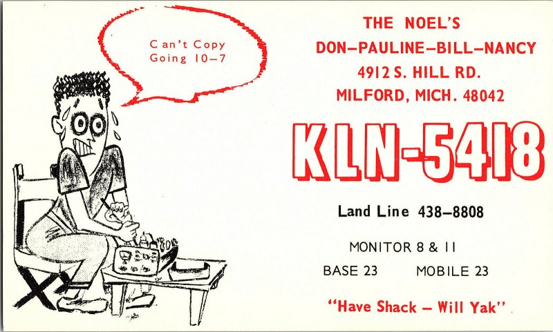 QSL Radio Card From Milford Mich. Michigan KLN-5418