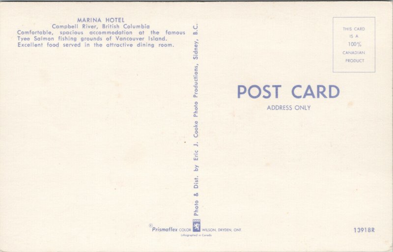 Marina Motor Hotel Campbell River BC Unused Postcard G38