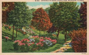 Vintage Postcard 1954 Entrance Grand Avenue Park Flowers Waukegan Illinois ILL