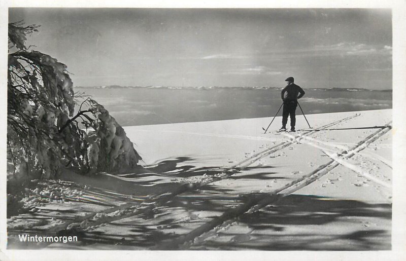 Mountaineering Germany ski area winter morning 1931 photo postcard