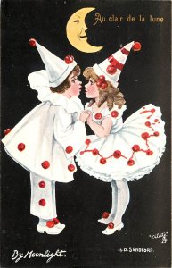 Tuck When the World is Young 9307 Children Pierrot Clowns Kiss by Moonlight
