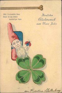 Elf Gnome Fantasy 4 Leaf Clover German New Year c1900 Postcard