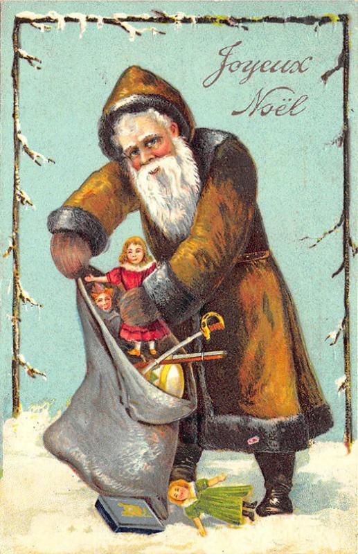 Brown Suited Santa Claus Christmas Blue Toy Bag France Embossed Postcard