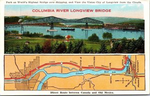 Columbia River Longview Bridge Map Canada Mexico Direct Route Postcard 