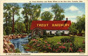 Trout Hatchery Water Wheel Blue Hole Castalia Ohio OH Lake Erie Linen Postcard 