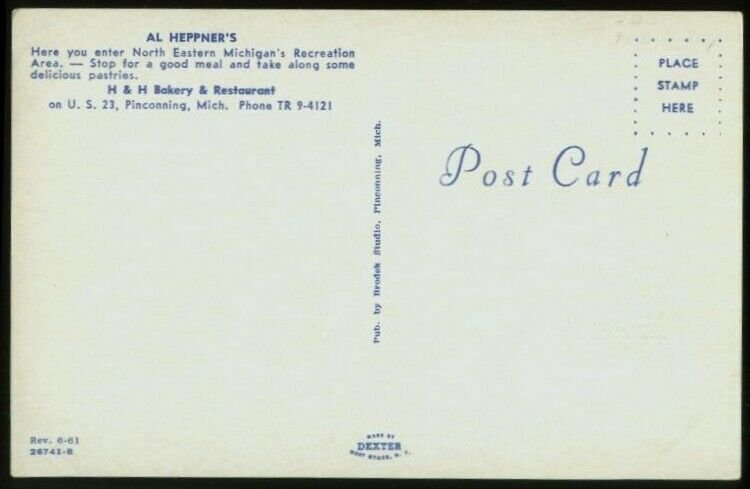 080521 HEPPNER'S H&H BAKERY AND RESTAURANT PINCONNING MI VINTAGE POSTCARD 1960S