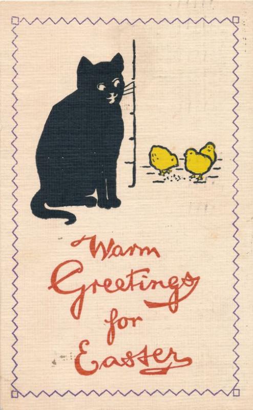 Black Cat and Yellow Chicks Warm Easter Greetings - pm Canandaiguq NY 1911 - DB