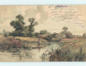 Pre-1907 foreign MAN STANDING IN SMALL BOAT GOING DOWN THE RIVER HL7231