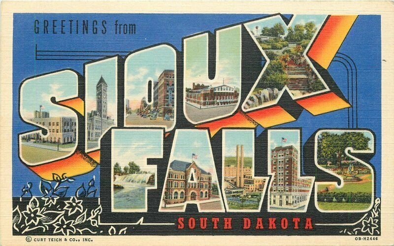 Large Letters Multi South Falls South Dakota Teich linen 1940s Postcard 21-849