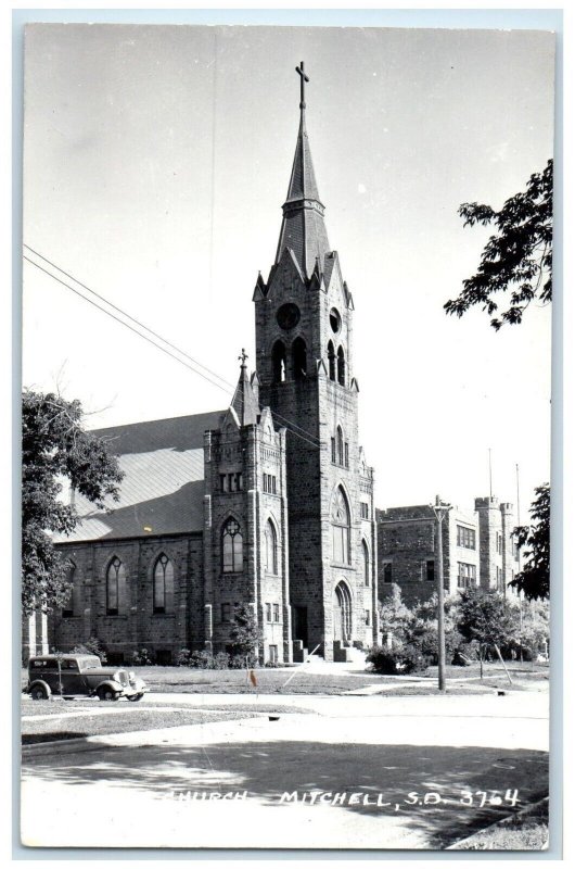 c1940s Catholic Church Cars Mitchell South Dakota SD RPPC Photo Vintage Postcard