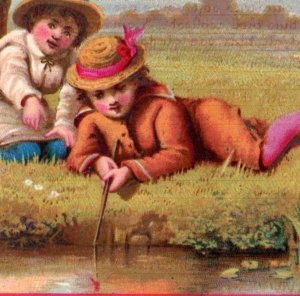 1870s-80s Victorian Christmas Card Children Fishing Poem On Back By F.G.H. F151