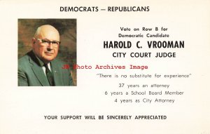 Politcal Advertising Card, Harold C. Vrooman City Court Judge, Oneonta NY