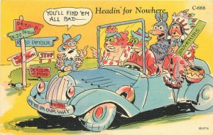 1940s Ray Walters auto Road trip Comic Humor Teich linen Postcard 22-10531