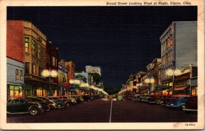 Linen Postcard Broad Street Looking West at Night in Elyria, Ohio