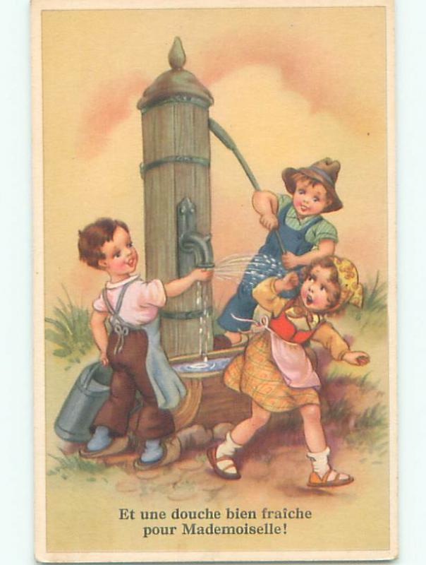 Unused Pre-1980 foreign CUTE FRENCH GIRL WATER SPRAYED BY BOYS k7201