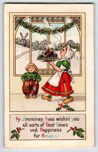 Christmas Postcard Dutch Mom Child Wooden Shoes Plum Pudding Stecher 316 A 1914