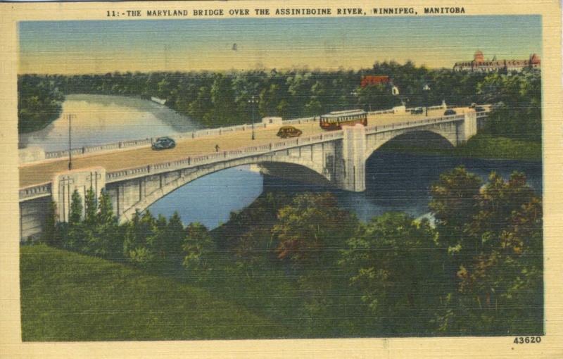 Winnipeg Manitoba MB ~ Maryland bridge ~ Assiniboine River c1940 Linen Postcard 