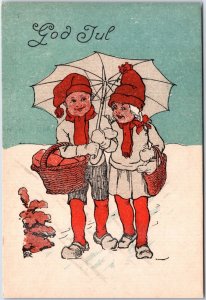 VINTAGE POSTCARD MERRY CHRISTMAS YOUNG BOY AND GIRL IN SNOW NORWAY (1910s)