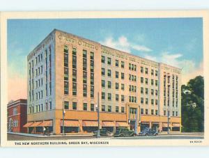 Unused Linen OLD CARS & NEWLY BUILT NORTHERN BUILDING Green Bay WI Q9203