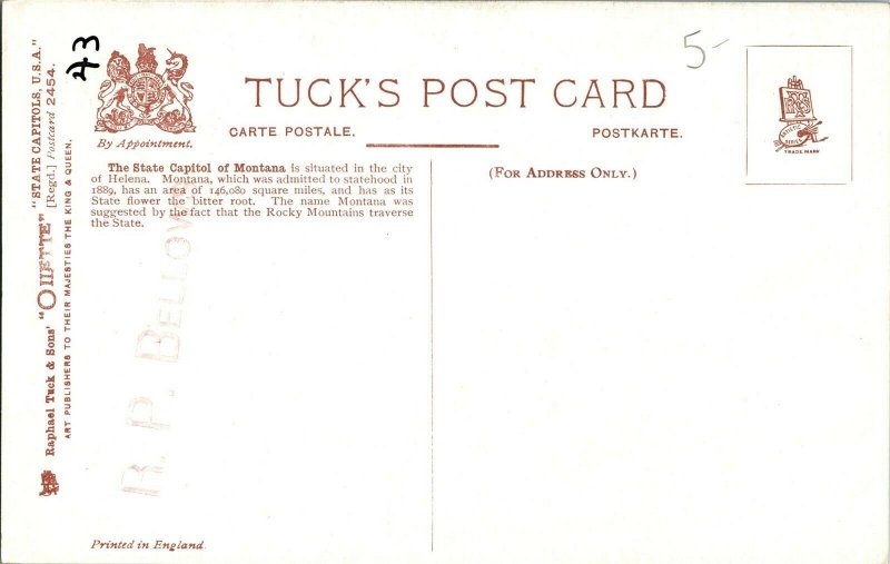 Tucks 2454 Montana State Capitol Vintage Postcard J41