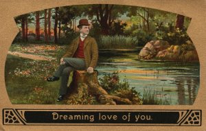 Vintage Postcard 1910's Dreaming Love of You.  Man Sitting on Stump Near Stream