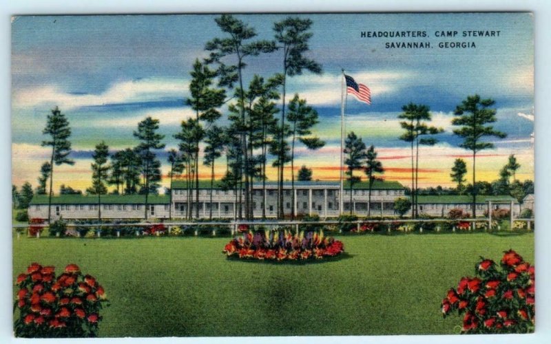 2 Military Postcards CAMP STEWART, Savannah, GA ~ Headquarters & MESS HALL 1940s