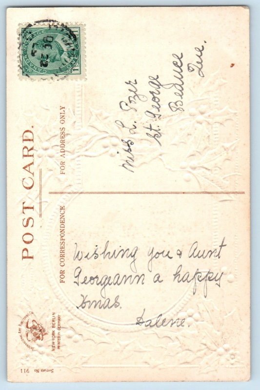 Christmas Postcard Greetings Holly Berries House Winter Scene Clapsaddle Canada