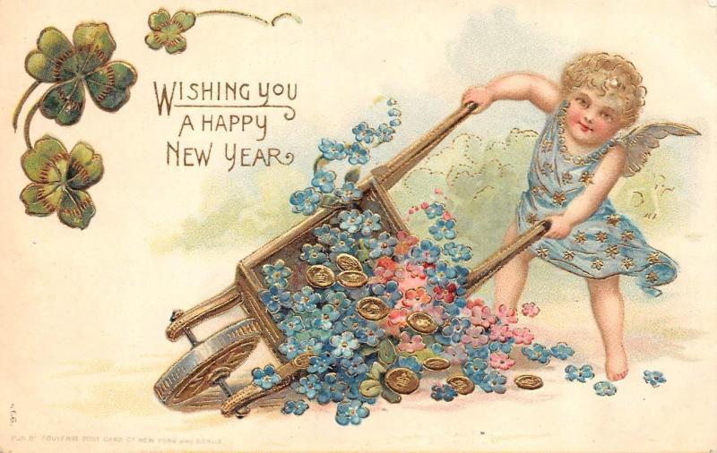 HAPPY NEW YEAR Greetings  CHERUB~ANGEL~Wheelbarrow~FLOWERS  c1910's Postcard