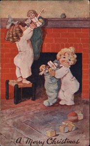 Little Girls Open Stockings Christmas Morning c1910 Vintage Postcard