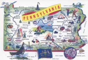 SC:  PENNSYLVANIA STATE BIRD/FLAG/SEAL MAP POSTCARD