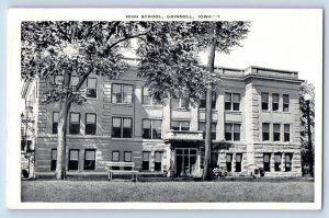 Grinnell Iowa IA Postcard Front View Of High School Building Trees Garden Bench