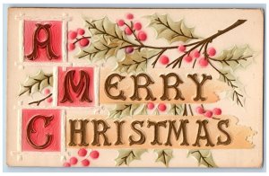 Christmas Postcard Holly Berries Large Letters Airbrushed Embossed Tacoma WA