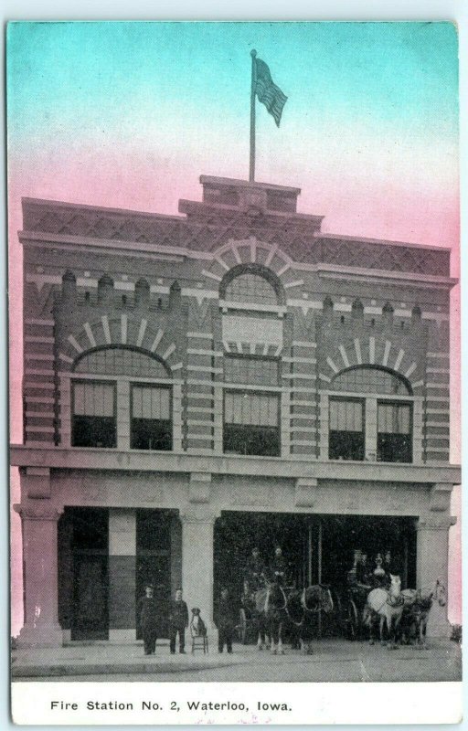 1910 Waterloo IA Fire Station 2 Photo Postcard Downtown Architecture Buggy A196
