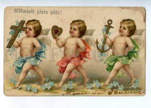 202337 Winged ANGELS w/ Gifts Vintage EMBOSSED postcard