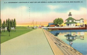 US Government Lighthouse Seawall Lake Pontchartrain New Orleans LA Postcard Vtg 