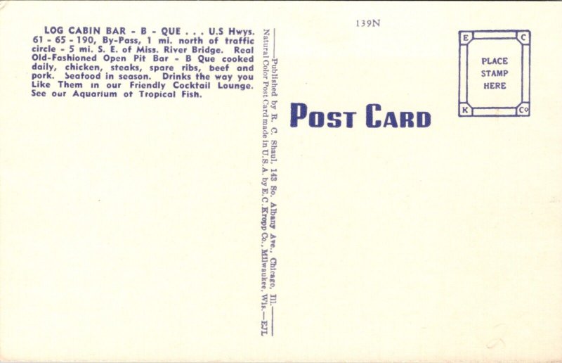 Linen PC Log Cabin Bar-B-Que US 61, 65, 190 By-Pass in Baton Rouge, Louisiana