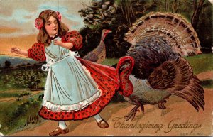 Thanksgiving Greeting Turkey Chasing Girl 1909