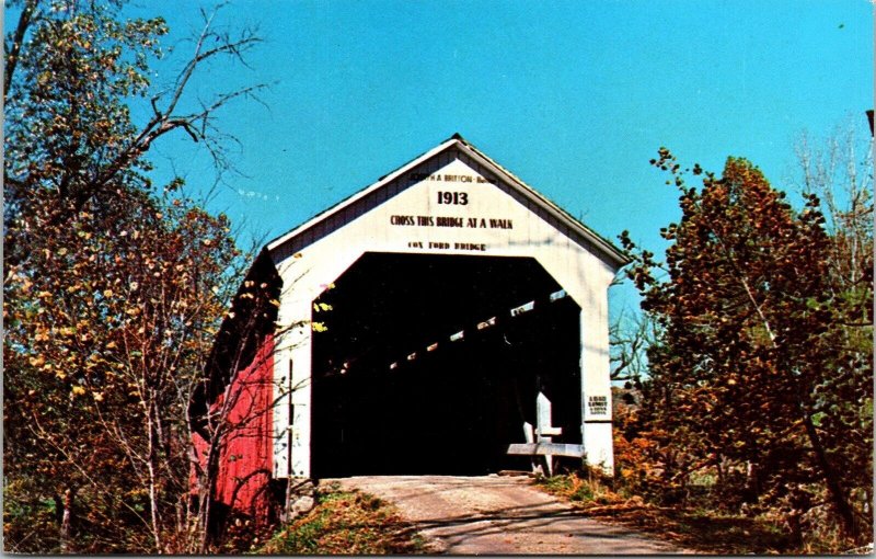 Historic Cox Ford Bridge Sugar Creek Parke County Indiana Chrome Postcard 